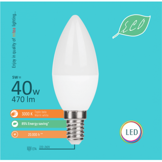 Sijalica LED E14 5W C36 3000K LED ECO sijalica 220-240V Mitea — slika 2