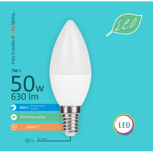 Sijalica LED E14 7W C37 6500K LED ECO sijalica 220-240V Mitea — slika 2