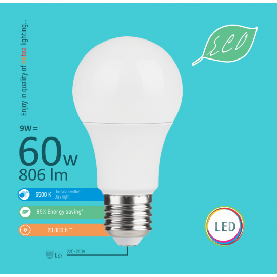 Sijalica LED E27  9W A60 6500K  LED ECO220-240V  Mitea Lighting — slika 2