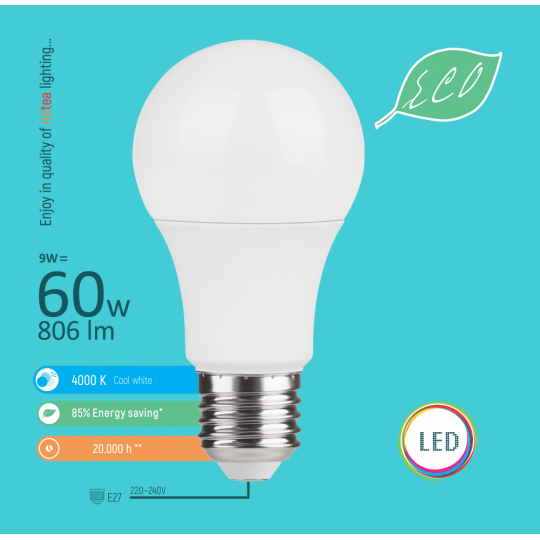 Sijalica LED E27  9W A60 4000K  LED ECO 220-240V  Mitea Lighting — slika 1