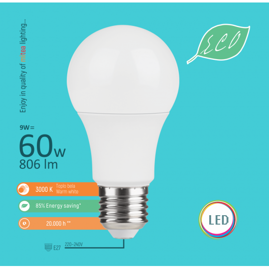 Sijalica LED E27  9W A60 3000K  LED ECO 220-240V  Mitea Lighting — slika 1