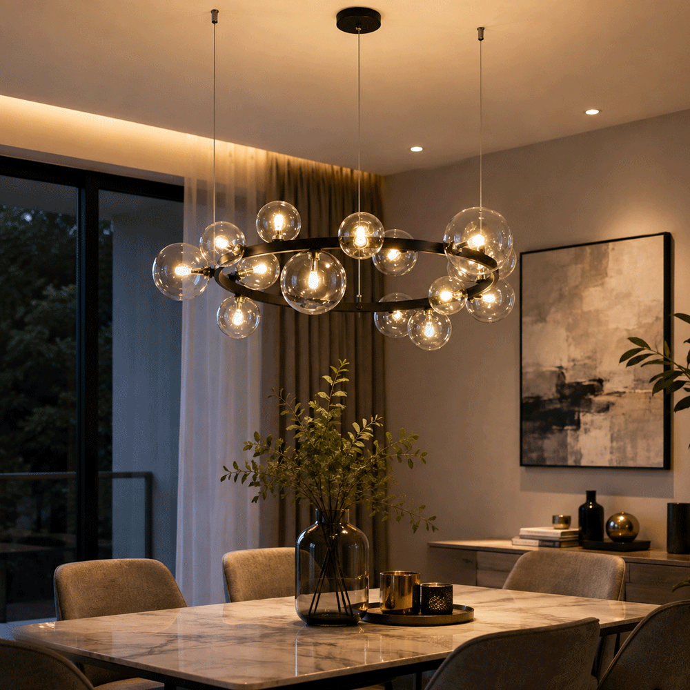 Luster visilica 15xG9 crni prozirne kugle krug 850 mm — slika 2