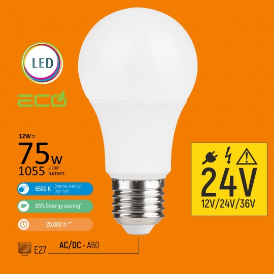 Sijalica LED 12V-24V-36V E27 12W  A60 AC/DC 6500K — slika 3
